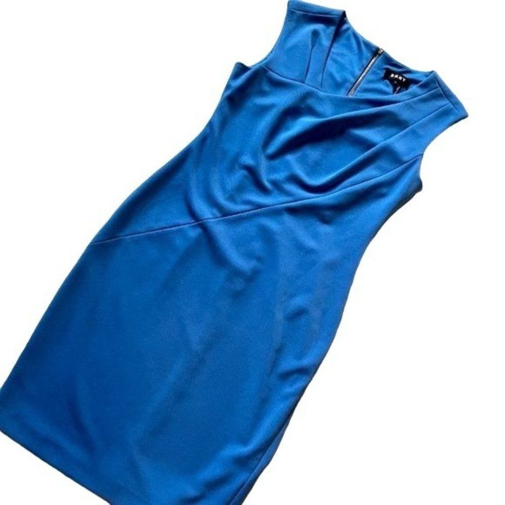 DKNY size 2 Blue dress with asymmetrical neck and 19" gold accent metal zipper - Picture 9 of 17